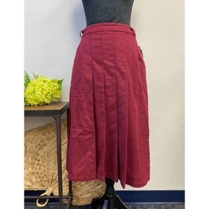 Vintage Pleated Maroon Crimson Red Wool Skirt with Pockets // Deadstock